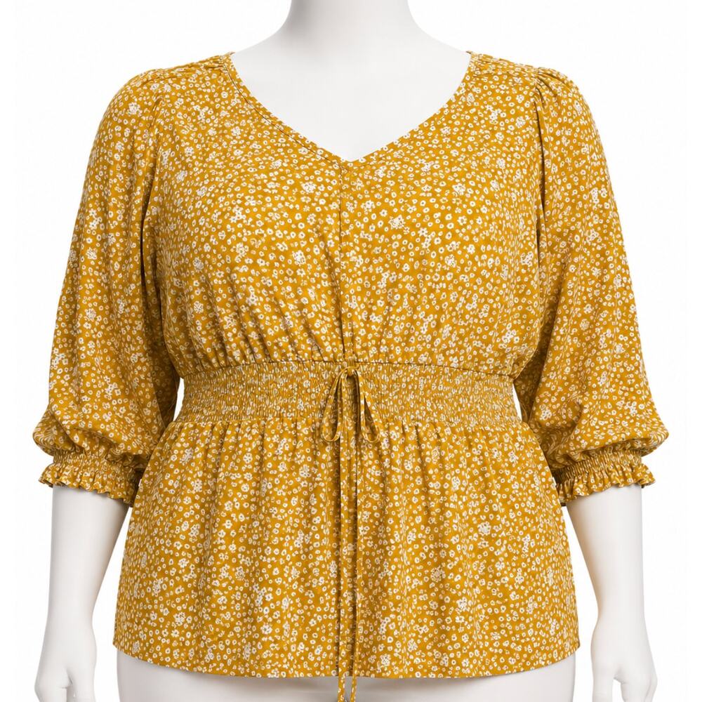 Indulge Peasant Blouse Plus 1X Yellow White Floral Print Smocked Cottagecore